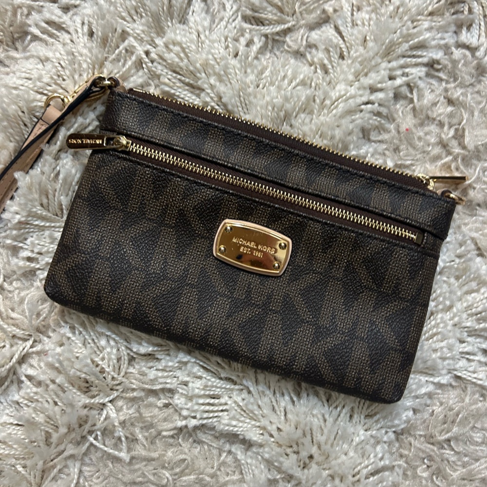 Michael Kors Brown Wristlet with Gold Zipper